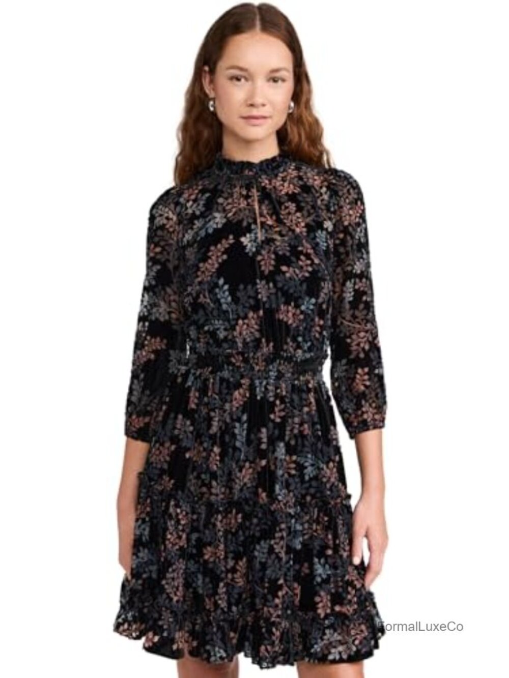 Velvet Burnout Dress Smocked Waist Tiered Skirt V-Neck 3/4 Sleeve